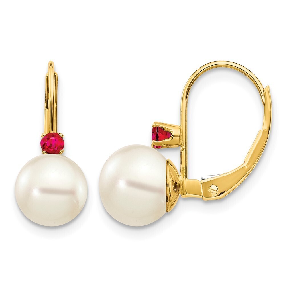 14k Yellow Gold 7-7.5mm White Round FW Cultured Pearl Ruby Leverback Earrings
